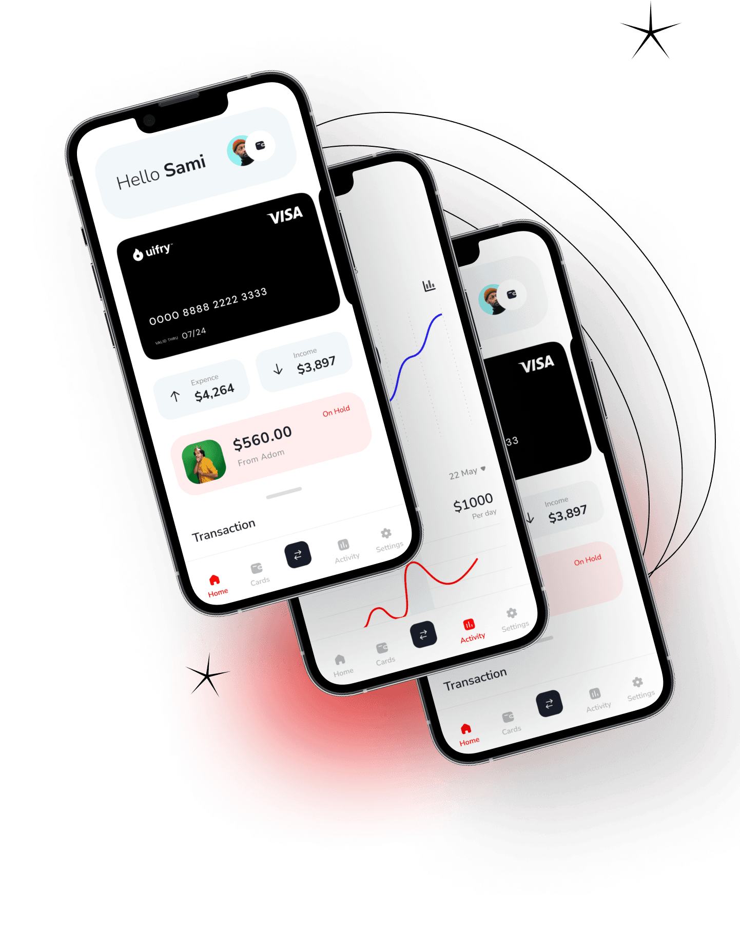 Three Uifry app screens showing cards and transaction activity